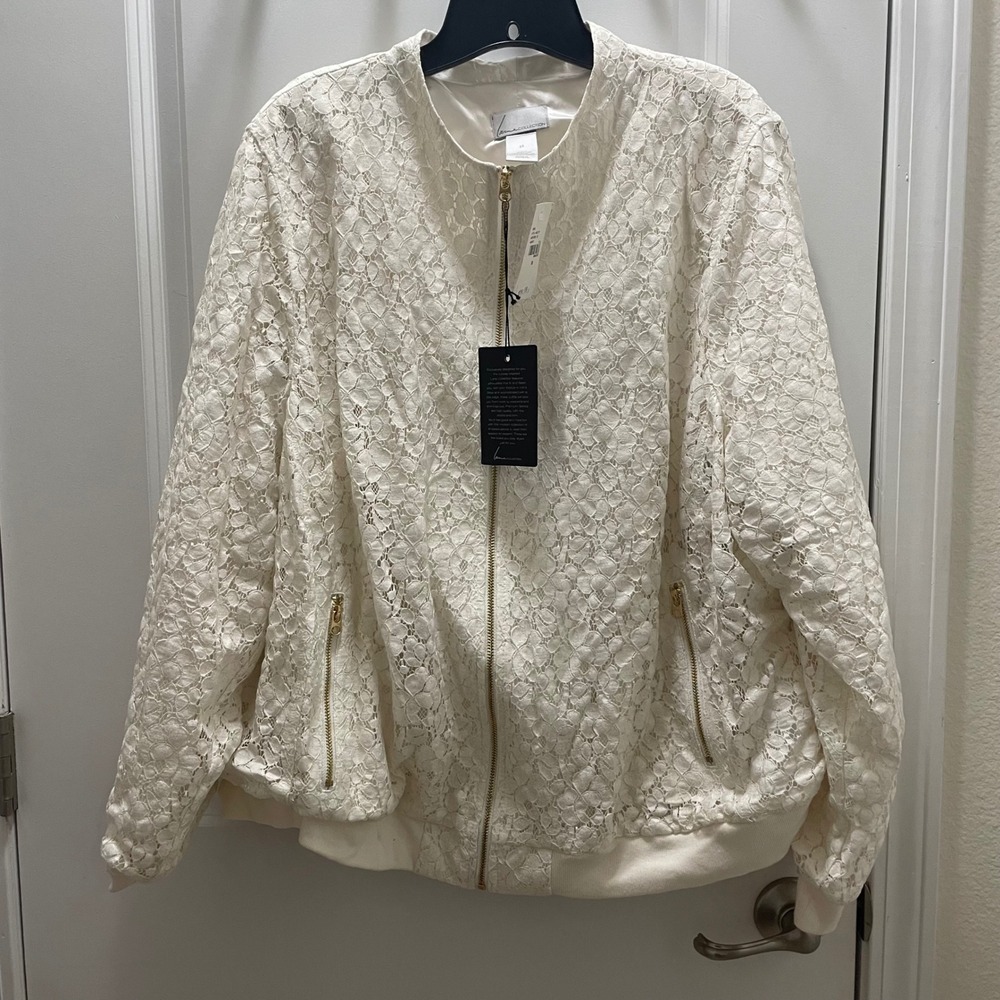 Lane Collection Lace Bomber Jacket Ivory Gold Zipper Bomber Lightweight 28W